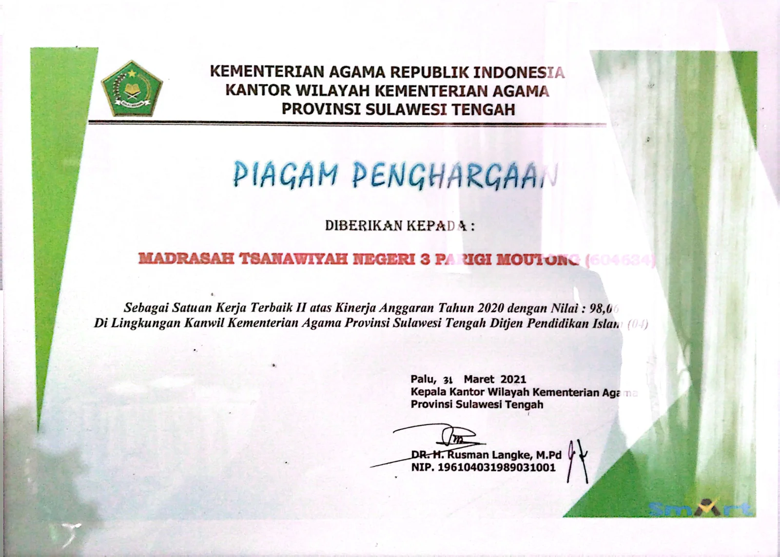 Sertifikat Terbaik II Kinerja Anggaran Tahun 2020