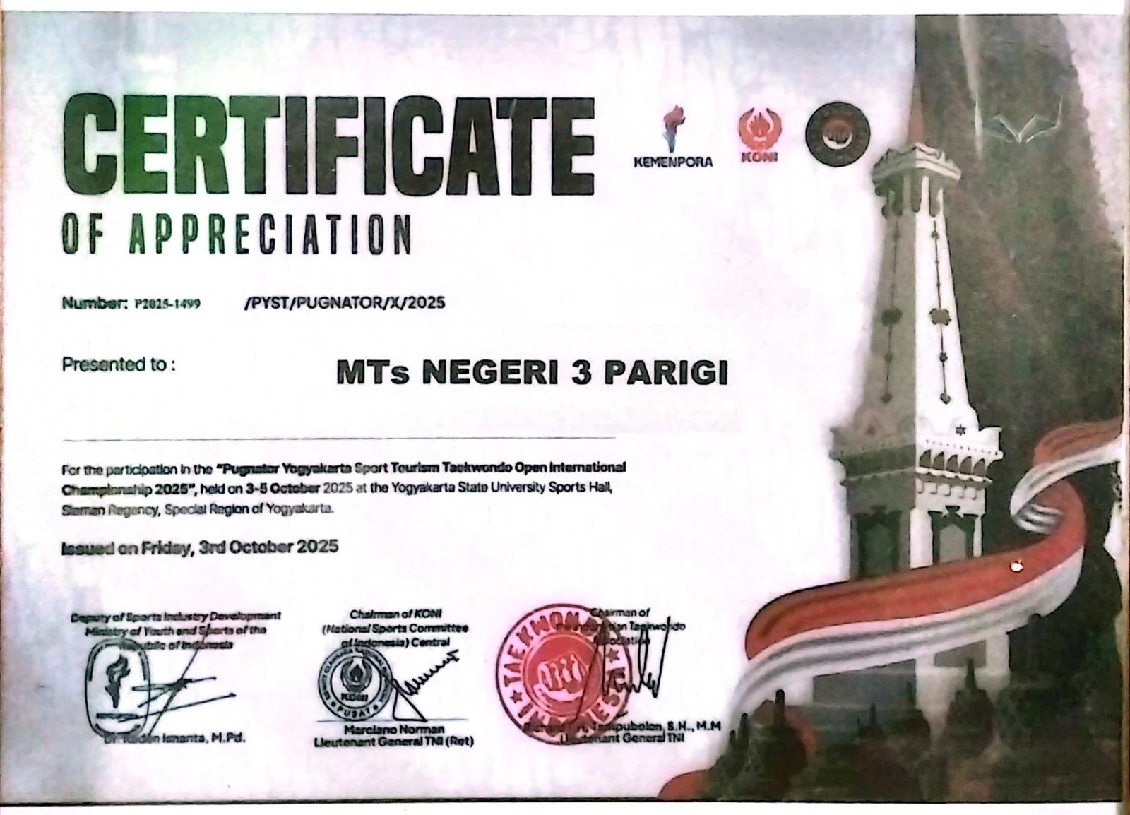 Certificate of Appreciation Pugnator Yogyakarta Sport Tourism Taekwondo Open Internasional Champions