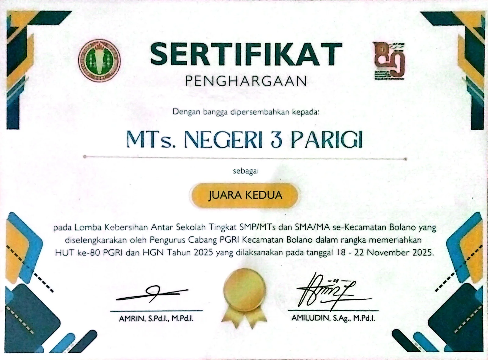Sertifikat Juara II Lomba Kebersihan Sekolah/Madrasah Tingkat SMP/MTs, SMA/MA Sederajat
