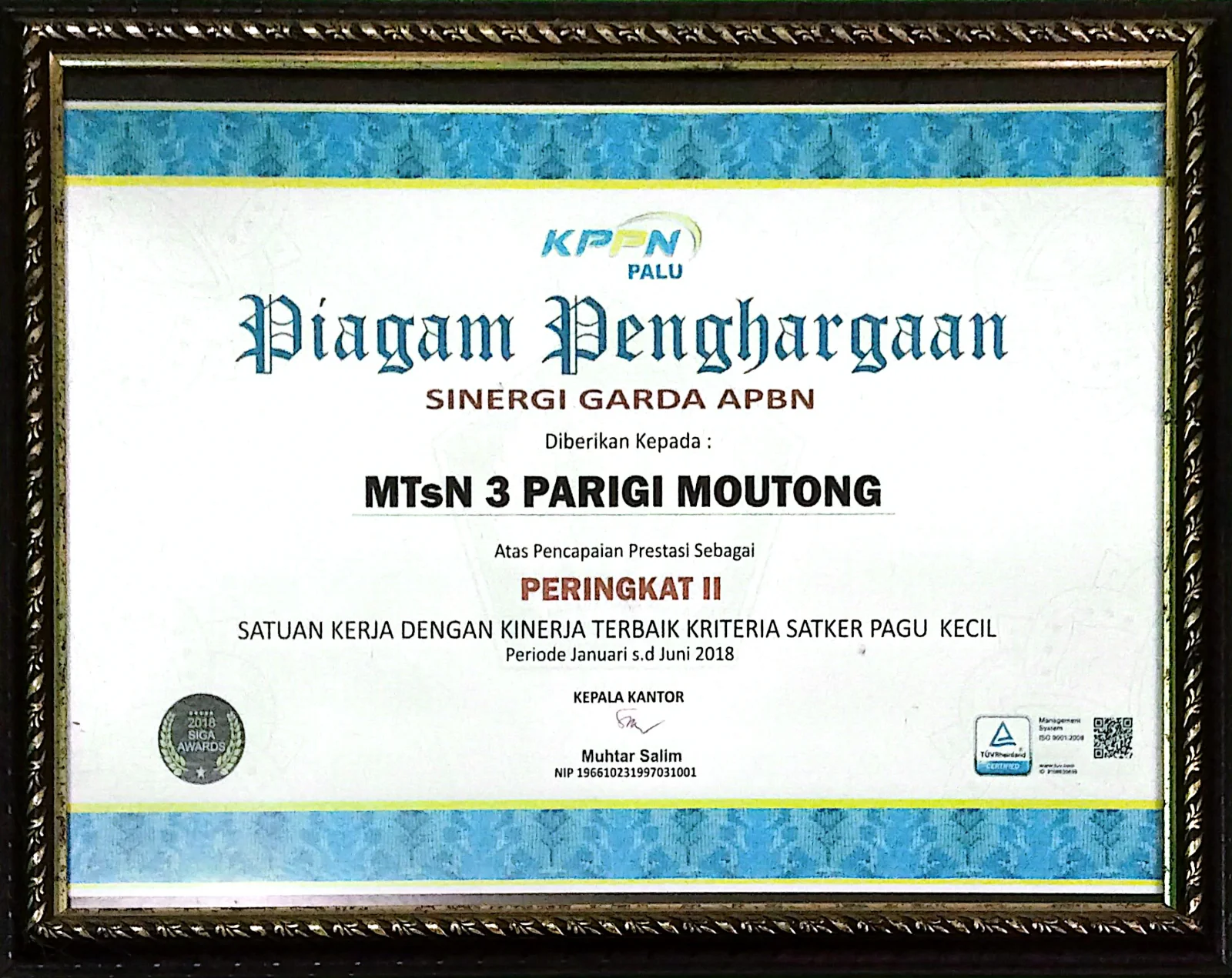 Piagam Penghargaan Peringkat 2 Sinergi Garda APBN Satuan Kerja Dengan Kinerja Terbaik Kriteria Satke