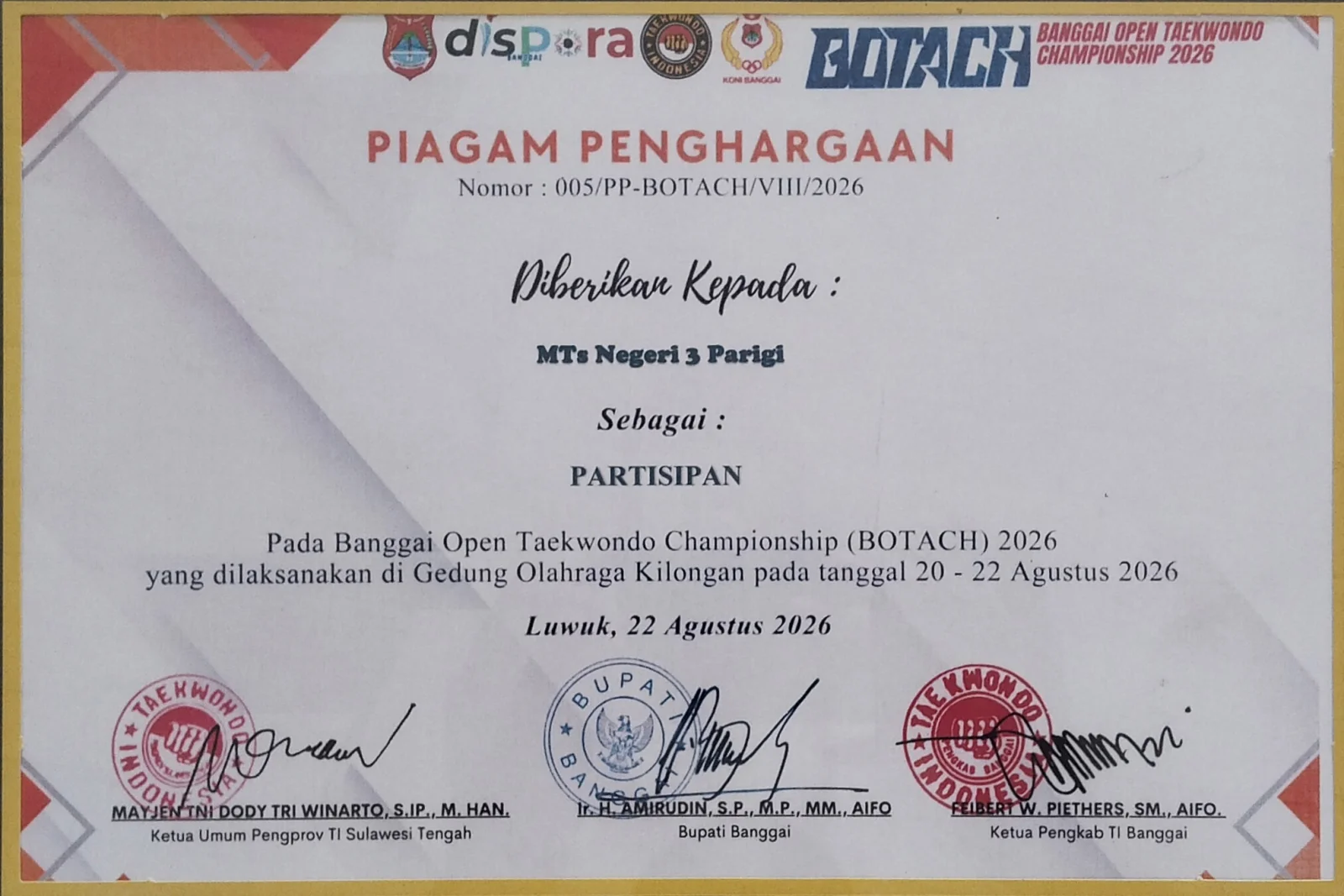 Piagam Penghargaan Atas Partisipasi Aktif di Ajang Banggai Open Taekwondo Championship Tahun 2026 di